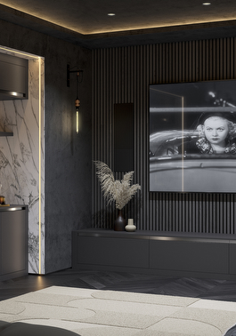 Linje graphite fitted media wall with cinema style living room storage