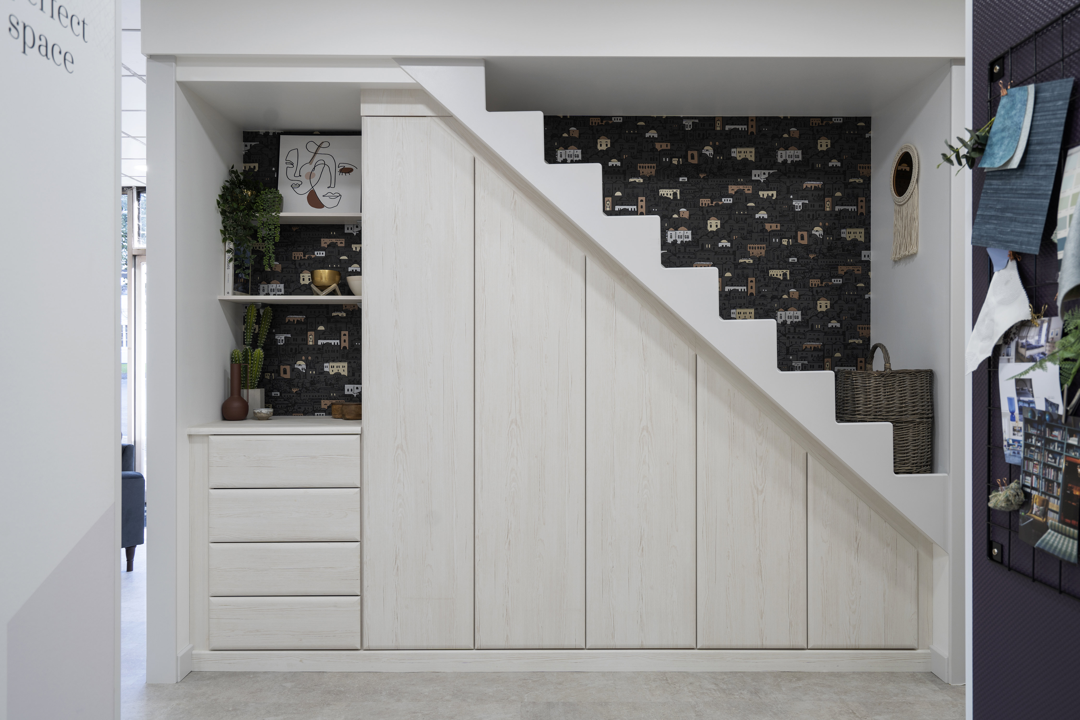 White ash understairs storage with built in drawers