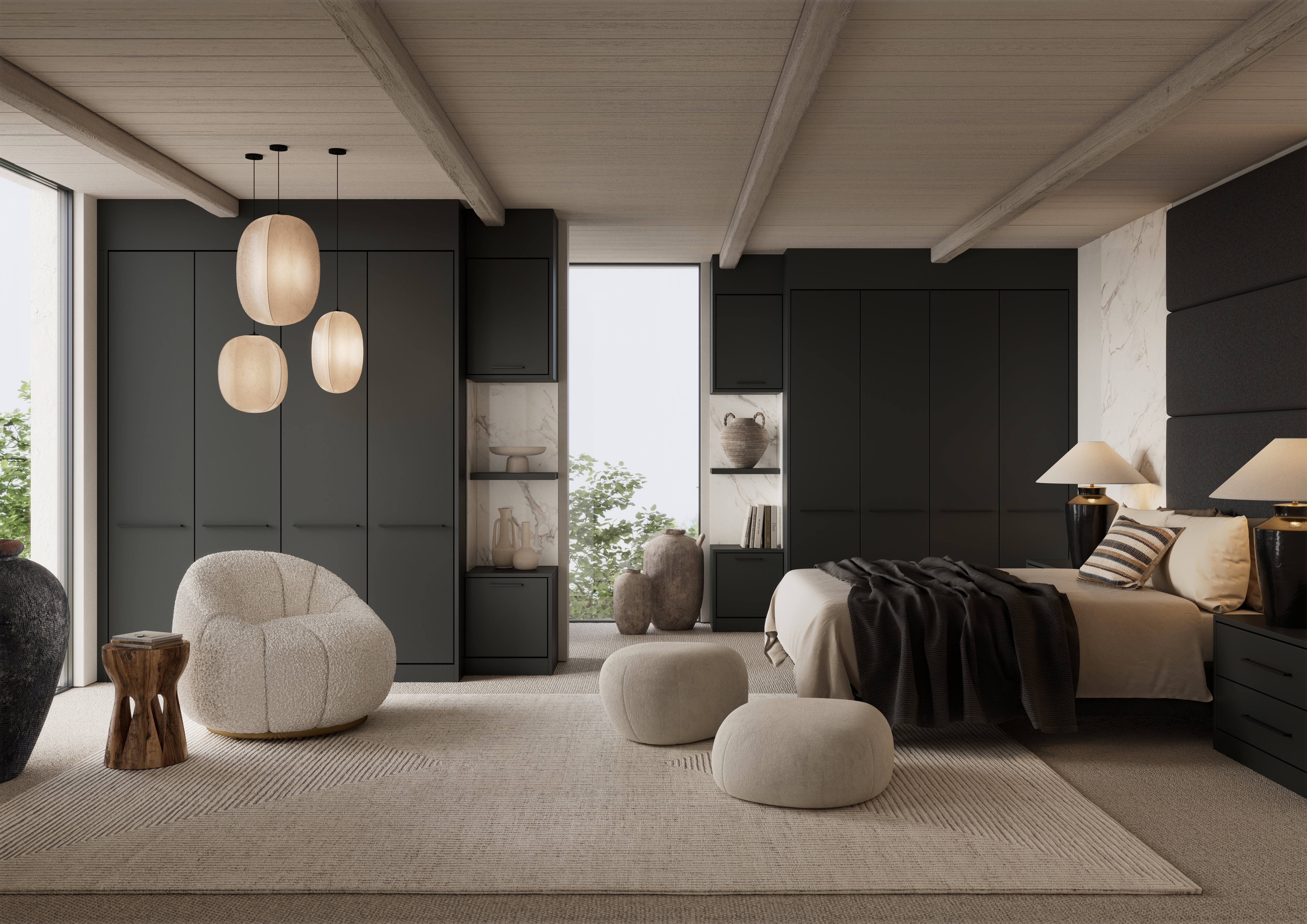 charcoal bedroom with hanging lights and a grey sofa chair