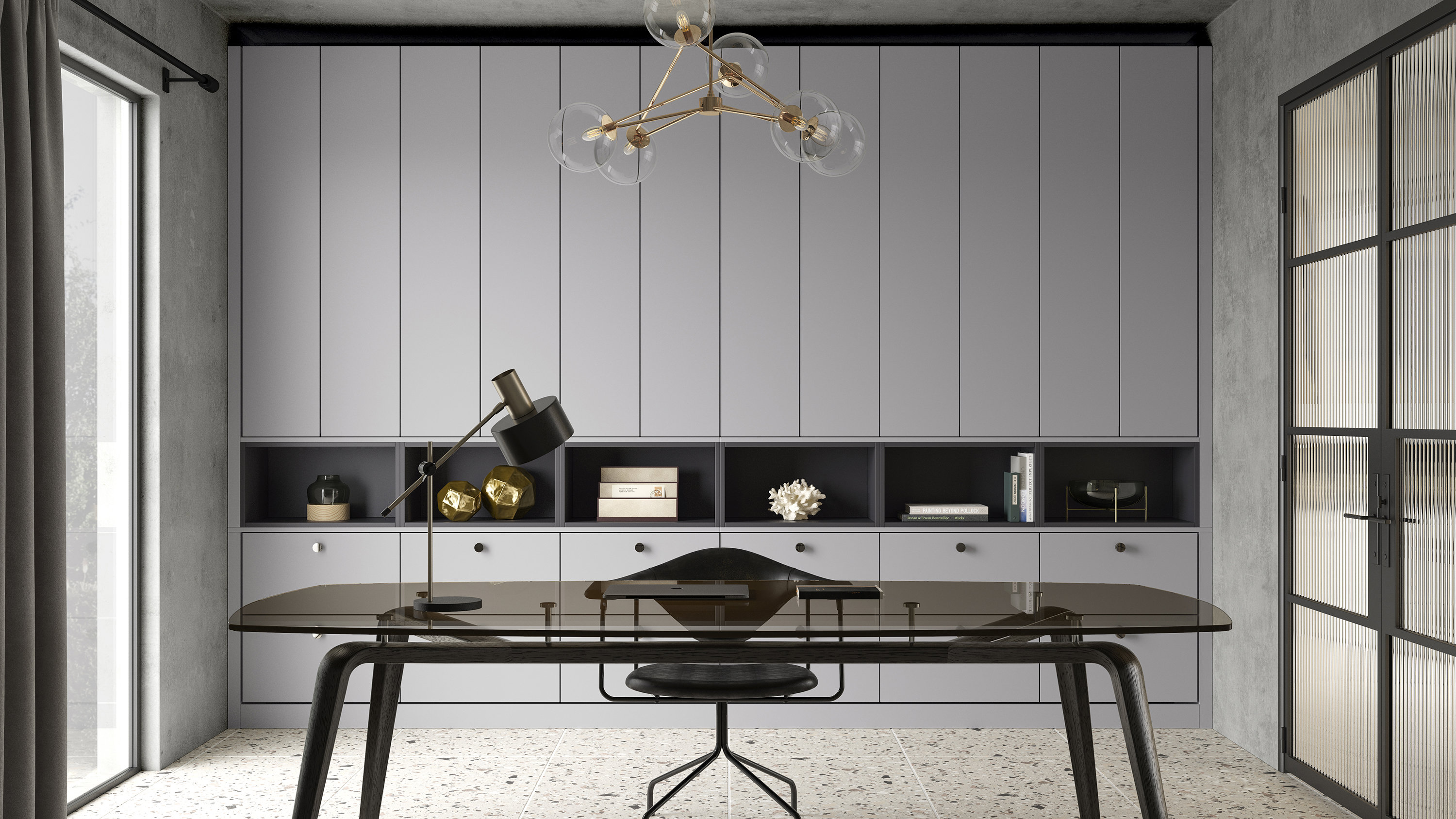 Aspen light grey and anthracite fitted office with contrasting cabinetry