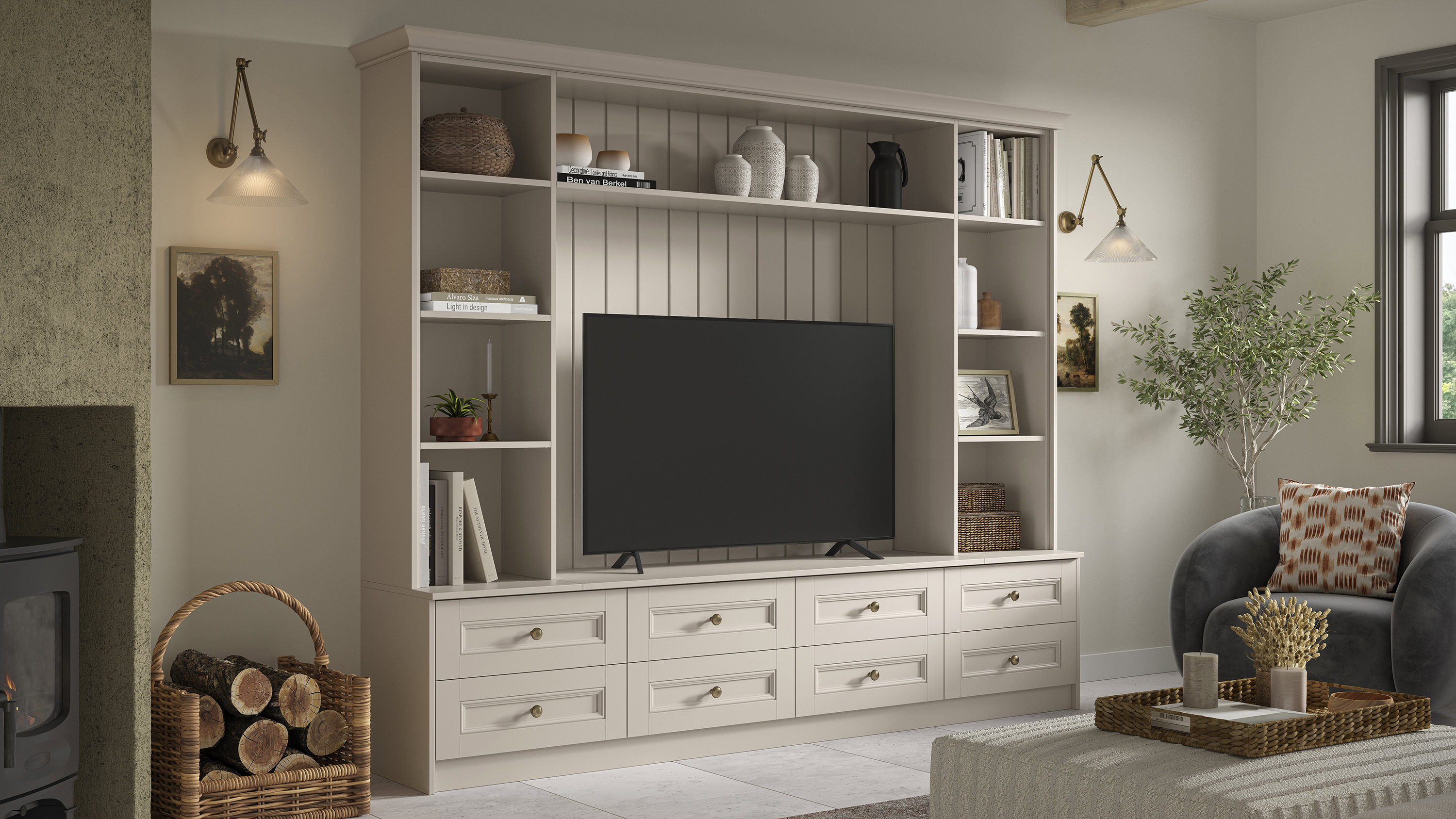 Cliveden light praline fitted living room storage