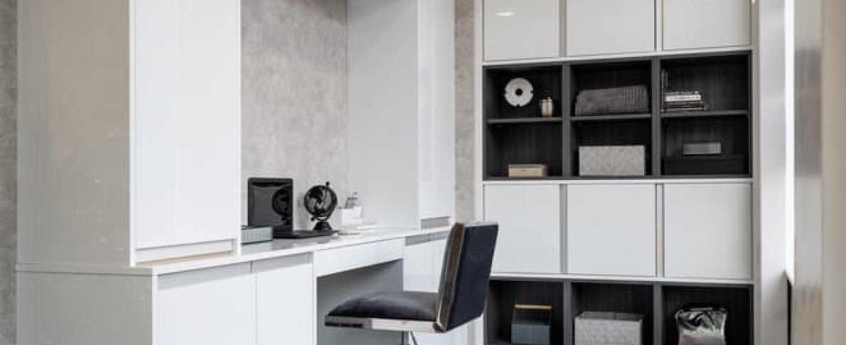 White and black home office desk with storage 