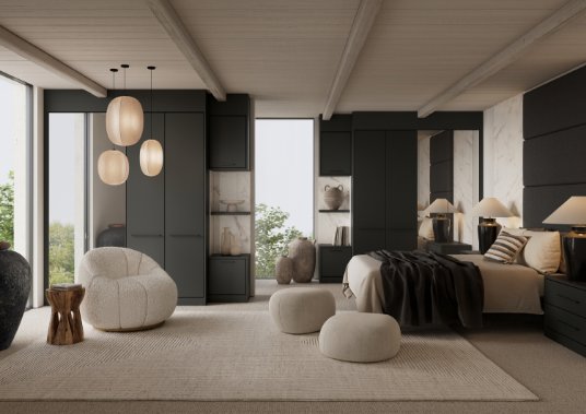 modern bedroom with dark green wardrobes