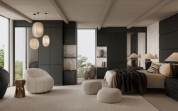 modern bedroom with dark green wardrobes