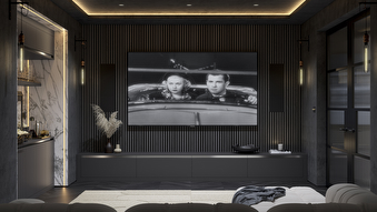 Linje graphite fitted media wall with cinema style living room storage