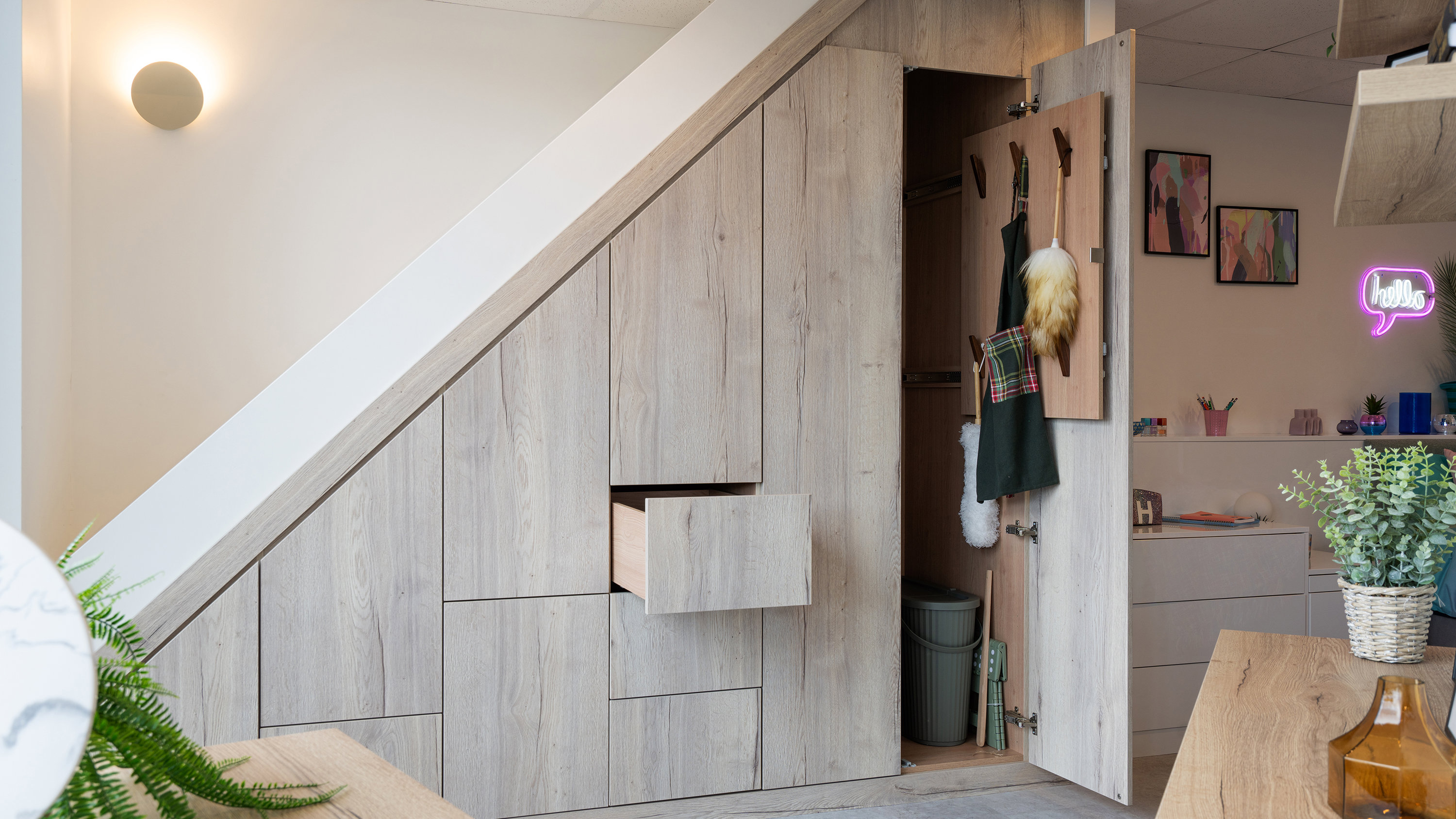 Contemporary driftwood light grey understairs storage