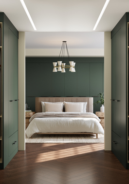 dark green double bed bedroom with walk in wardrobe
