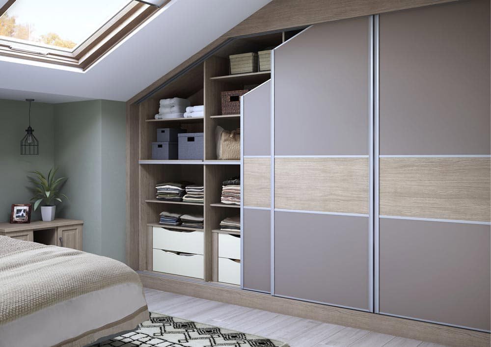 Light grey and wood wardrobe with sliding doors for sloping ceiling