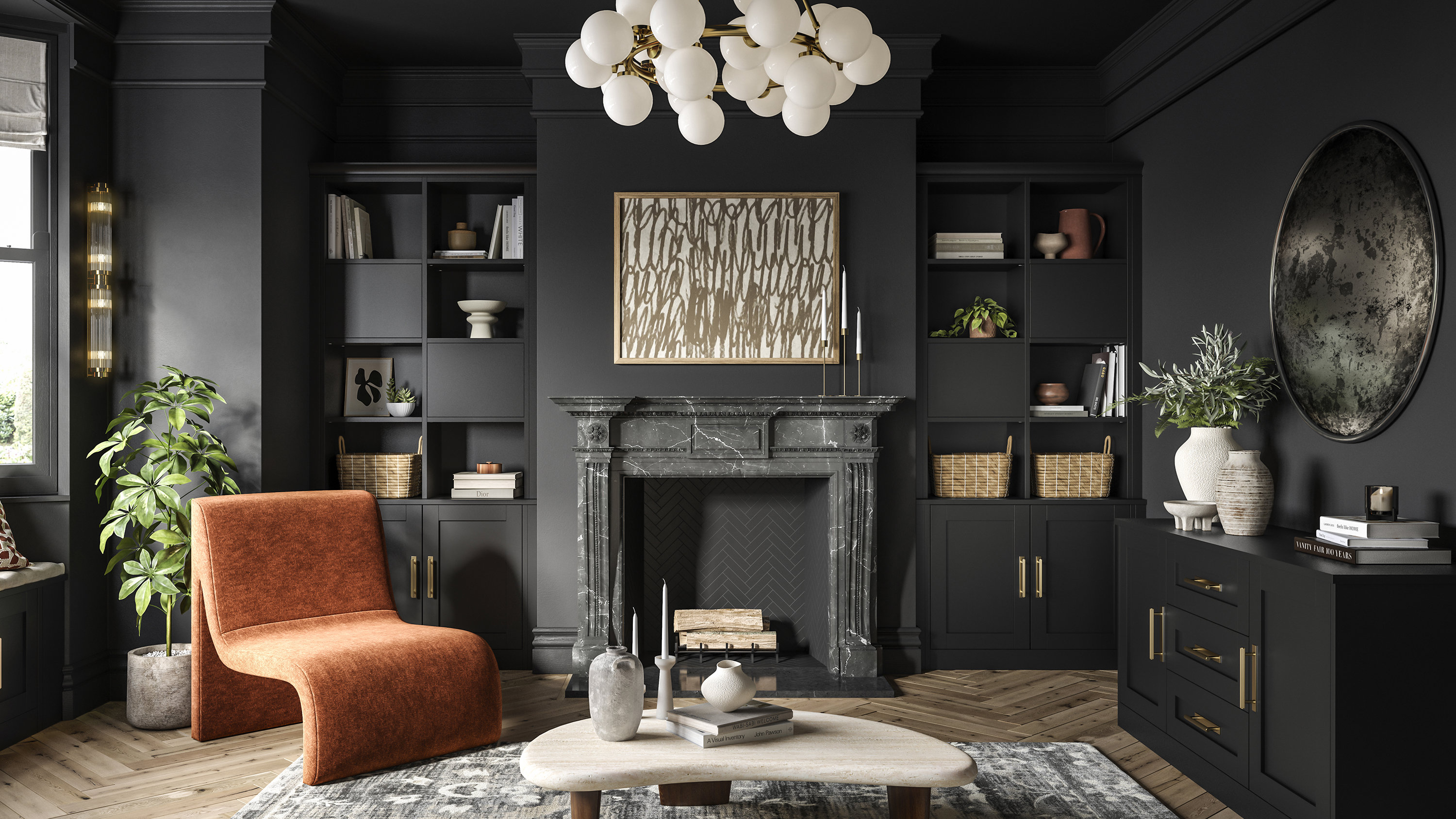 Marden charcoal fitted living room storage with shelving units