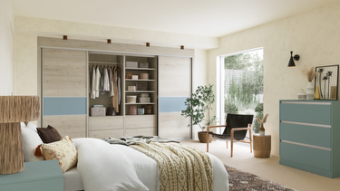 Fitted bedroom furniture in driftwood and fjord blue finish