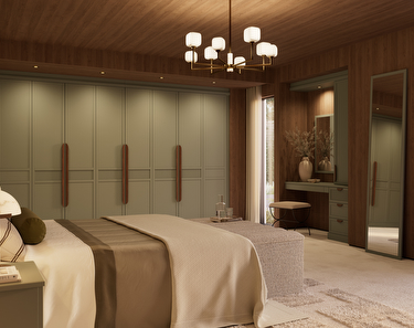 bedroom with green fitted wardrobe and standing mirror