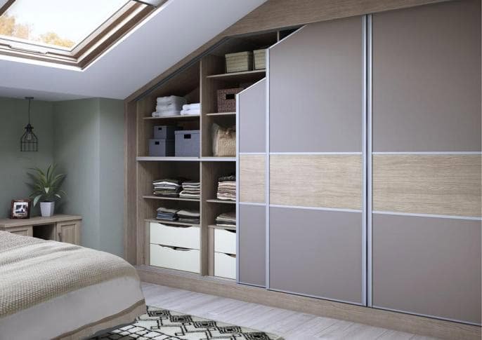 Light grey and wood wardrobe with sliding doors for sloping ceiling