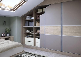 Light grey and wood wardrobe with sliding doors for sloping ceiling